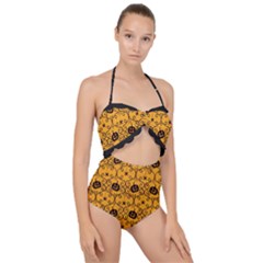 Pattern Pumpkin Spider Vintage Halloween Gothic Orange And Black Scallop Top Cut Out Swimsuit by genx