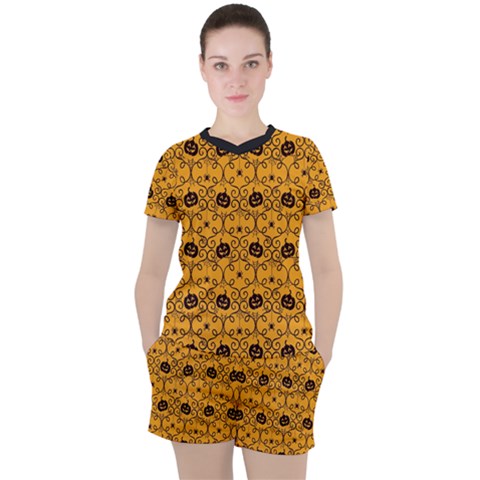 Pattern Pumpkin Spider Vintage Halloween Gothic Orange And Black Women s Tee And Shorts Set by genx