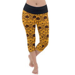 Pattern Pumpkin Spider Vintage Halloween Gothic Orange And Black Lightweight Velour Capri Yoga Leggings by genx