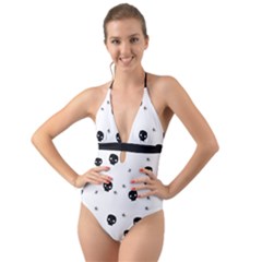 Pattern Skull Stars Handrawn Naive Halloween Gothic Black And White Halter Cut-out One Piece Swimsuit by genx