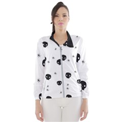 Pattern Skull Stars Handrawn Naive Halloween Gothic Black And White Windbreaker (women) by genx