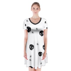 Pattern Skull Stars Handrawn Naive Halloween Gothic Black And White Short Sleeve V-neck Flare Dress by genx