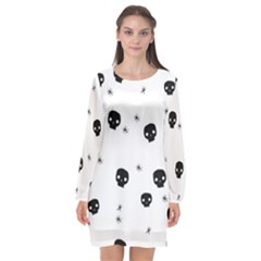 Pattern Skull Stars Handrawn Naive Halloween Gothic Black And White Long Sleeve Chiffon Shift Dress  by genx