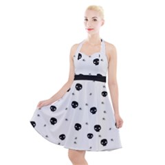 Pattern Skull Stars Handrawn Naive Halloween Gothic Black And White Halter Party Swing Dress  by genx