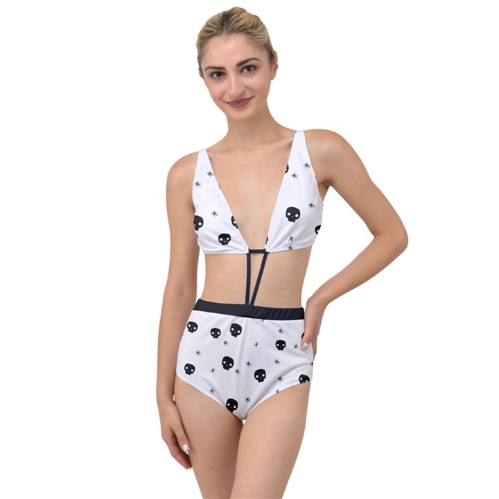 Pattern Skull Stars Handrawn Naive Halloween Gothic black and white Tied Up Two Piece Swimsuit