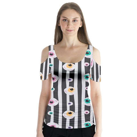 Pattern Eyeball Black And White Naive Stripes Gothic Halloween Butterfly Sleeve Cutout Tee  by genx