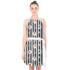 Pattern Eyeball Black And White Naive Stripes Gothic Halloween Halter Collar Waist Tie Chiffon Dress by genx