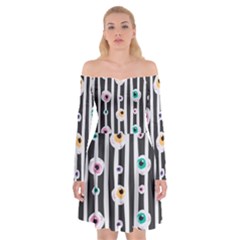 Pattern Eyeball Black And White Naive Stripes Gothic Halloween Off Shoulder Skater Dress by genx