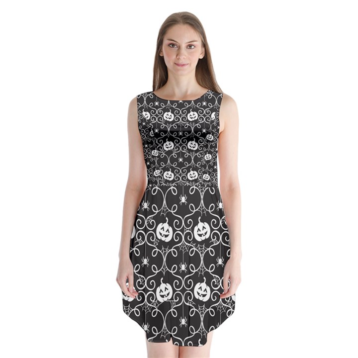 Pattern Pumpkin Spider Vintage gothic Halloween black and white Sleeveless Chiffon Dress  