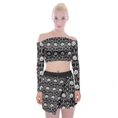 Pattern Pumpkin Spider Vintage Gothic Halloween Black And White Off Shoulder Top With Mini Skirt Set by genx