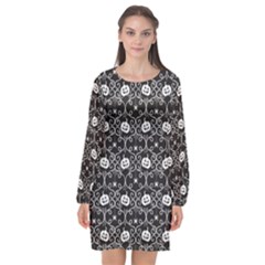 Pattern Pumpkin Spider Vintage Gothic Halloween Black And White Long Sleeve Chiffon Shift Dress  by genx