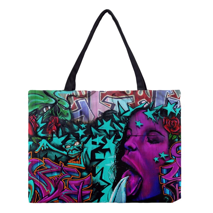 Graffiti Woman and Monsters turquoise cyan and purple Bright Urban Art with stars Medium Tote Bag