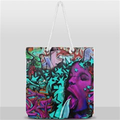 Graffiti Woman And Monsters Turquoise Cyan And Purple Bright Urban Art With Stars Full Print Rope Handle Tote (large) by genx