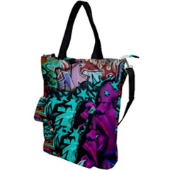 Graffiti Woman And Monsters Turquoise Cyan And Purple Bright Urban Art With Stars Shoulder Tote Bag by genx