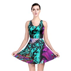 Graffiti Woman And Monsters Turquoise Cyan And Purple Bright Urban Art With Stars Reversible Skater Dress by genx