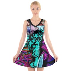 Graffiti Woman And Monsters Turquoise Cyan And Purple Bright Urban Art With Stars V-neck Sleeveless Dress by genx