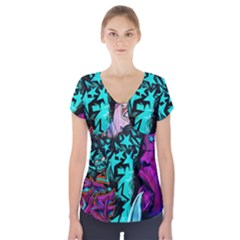 Graffiti Woman And Monsters Turquoise Cyan And Purple Bright Urban Art With Stars Short Sleeve Front Detail Top by genx