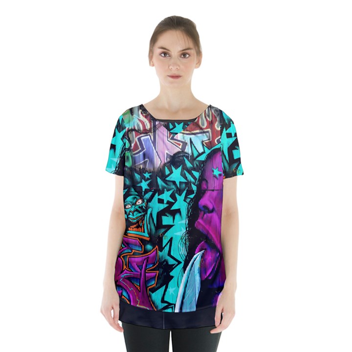 Graffiti Woman and Monsters turquoise cyan and purple Bright Urban Art with stars Skirt Hem Sports Top