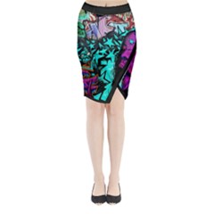 Graffiti Woman And Monsters Turquoise Cyan And Purple Bright Urban Art With Stars Midi Wrap Pencil Skirt by genx