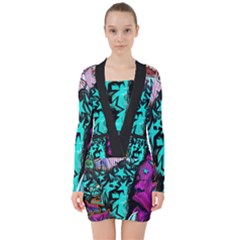 Graffiti Woman And Monsters Turquoise Cyan And Purple Bright Urban Art With Stars V-neck Bodycon Long Sleeve Dress by genx