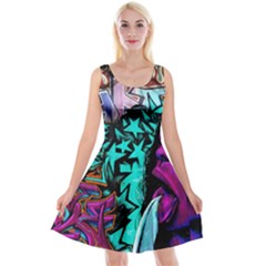 Graffiti Woman And Monsters Turquoise Cyan And Purple Bright Urban Art With Stars Reversible Velvet Sleeveless Dress by genx