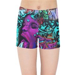 Graffiti Woman And Monsters Turquoise Cyan And Purple Bright Urban Art With Stars Kids Sports Shorts by genx