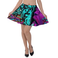 Graffiti Woman And Monsters Turquoise Cyan And Purple Bright Urban Art With Stars Velvet Skater Skirt by genx