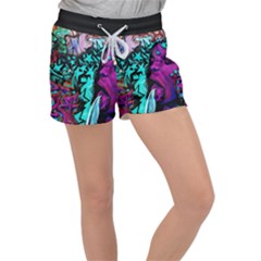 Graffiti Woman And Monsters Turquoise Cyan And Purple Bright Urban Art With Stars Women s Velour Lounge Shorts by genx