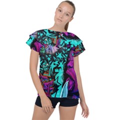 Graffiti Woman And Monsters Turquoise Cyan And Purple Bright Urban Art With Stars Ruffle Collar Chiffon Blouse