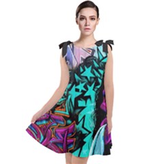 Graffiti Woman And Monsters Turquoise Cyan And Purple Bright Urban Art With Stars Tie Up Tunic Dress