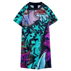 Graffiti Woman And Monsters Turquoise Cyan And Purple Bright Urban Art With Stars Kids  Boyleg Half Suit Swimwear by genx