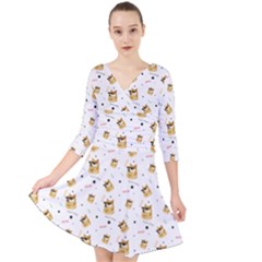 Doge Much Thug Wow Pattern Funny Kekistan Meme Dog White Quarter Sleeve Front Wrap Dress by snek