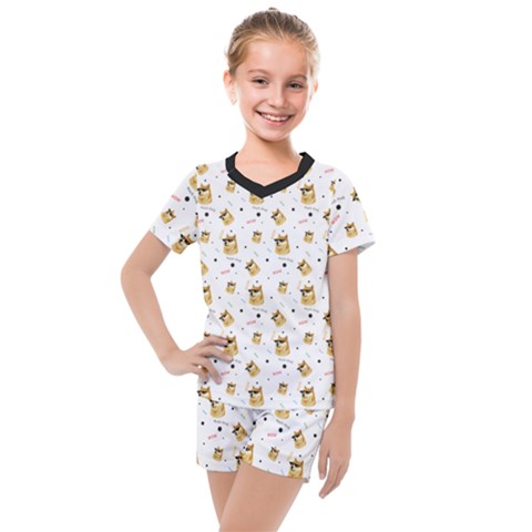 Doge Much Thug Wow Pattern Funny Kekistan Meme Dog White Kids  Mesh Tee And Shorts Set by snek