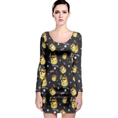 Doge Much Thug Wow Pattern Funny Kekistan Meme Dog Black Background Long Sleeve Bodycon Dress by snek