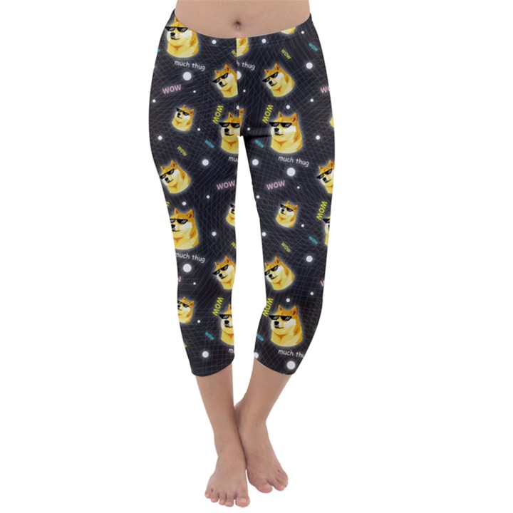 Doge Much Thug WOW Pattern Funny Kekistan Meme dog black background Capri Winter Leggings 