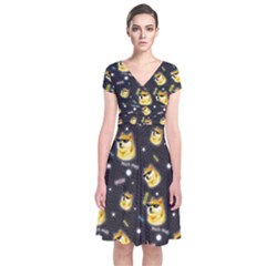 Doge Much Thug Wow Pattern Funny Kekistan Meme Dog Black Background Short Sleeve Front Wrap Dress by snek