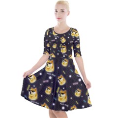 Doge Much Thug Wow Pattern Funny Kekistan Meme Dog Black Background Quarter Sleeve A-line Dress by snek