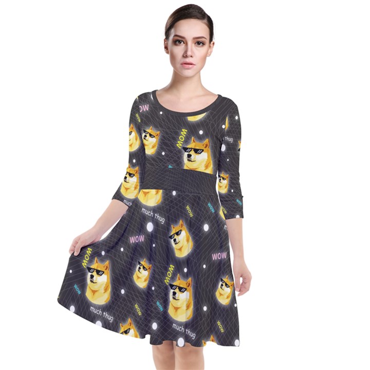 Doge Much Thug WOW Pattern Funny Kekistan Meme dog black background Quarter Sleeve Waist Band Dress