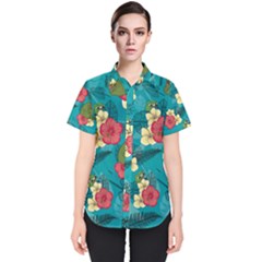 Apu Apustaja and Groyper Pepe The Frog frens Hawaiian Shirt with red Hibiscus on Green background from Kekistan Women s Short Sleeve Shirt