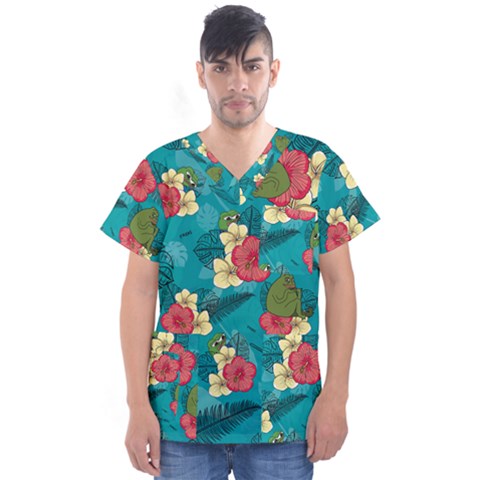 Apu Apustaja And Groyper Pepe The Frog Frens Hawaiian Shirt With Red Hibiscus On Green Background From Kekistan Men s V-neck Scrub Top by snek