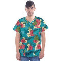 Apu Apustaja and Groyper Pepe The Frog frens Hawaiian Shirt with red Hibiscus on Green background from Kekistan Men s V-Neck Scrub Top