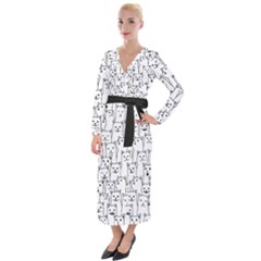 Funny Cat Pattern Organic Style Minimalist On White Background Velvet Maxi Wrap Dress