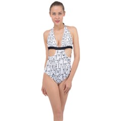 Funny Cat Pattern Organic Style Minimalist On White Background Halter Front Plunge Swimsuit by genx