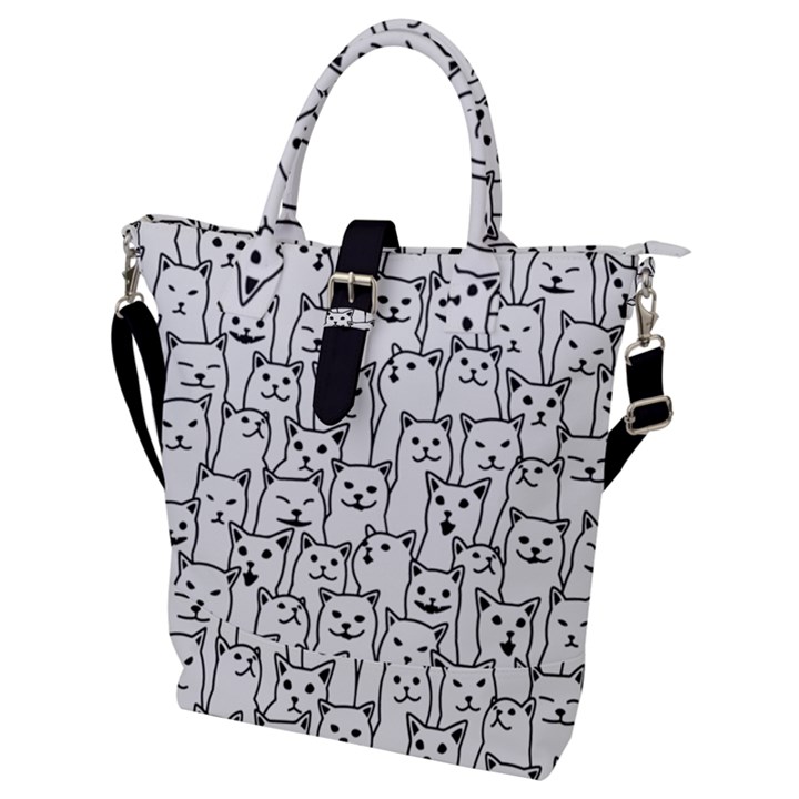 Funny Cat Pattern organic style minimalist on white background Buckle Top Tote Bag