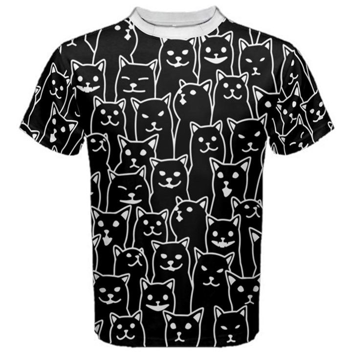 Funny Cat Pattern organic style minimalist on black background Men s Cotton Tee