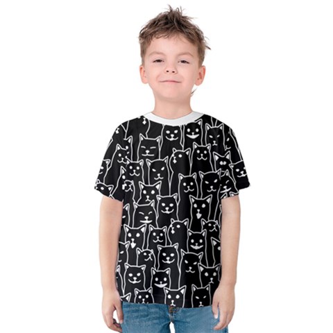 Funny Cat Pattern Organic Style Minimalist On Black Background Kids  Cotton Tee by genx