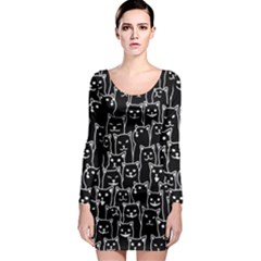 Funny Cat Pattern Organic Style Minimalist On Black Background Long Sleeve Bodycon Dress by genx