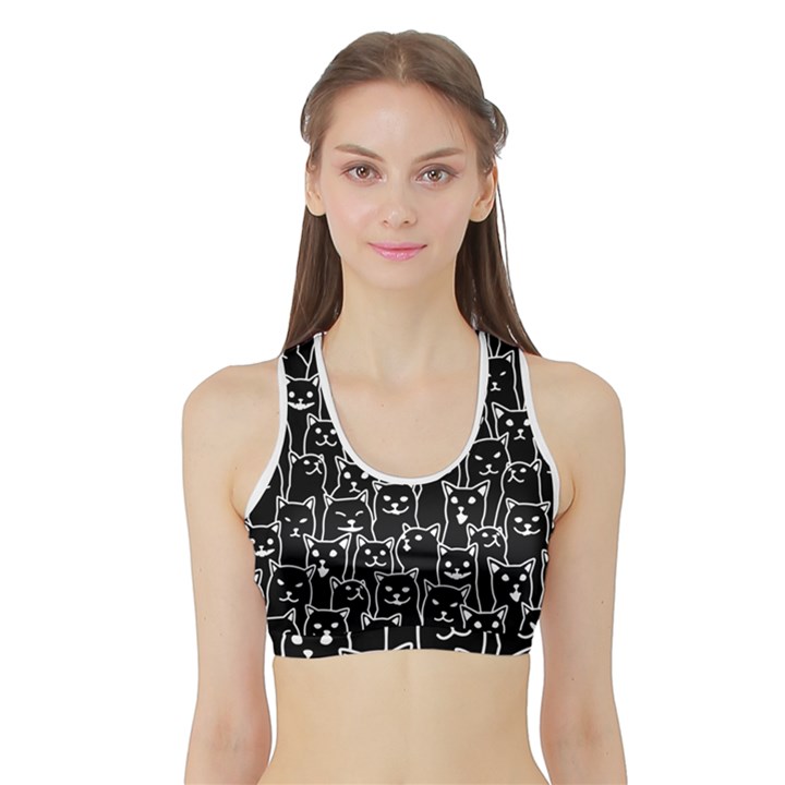 Funny Cat Pattern organic style minimalist on black background Sports Bra with Border