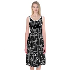 Funny Cat Pattern Organic Style Minimalist On Black Background Midi Sleeveless Dress by genx