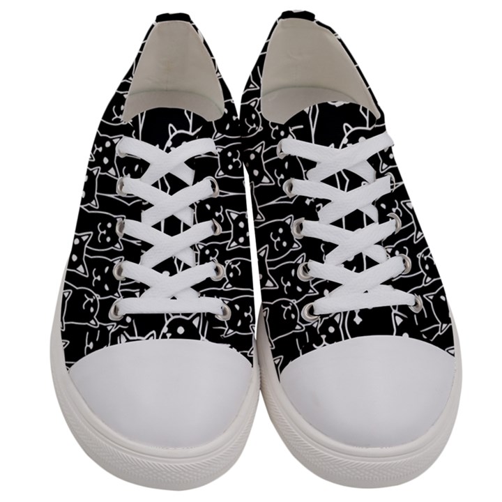 Funny Cat Pattern organic style minimalist on black background Women s Low Top Canvas Sneakers